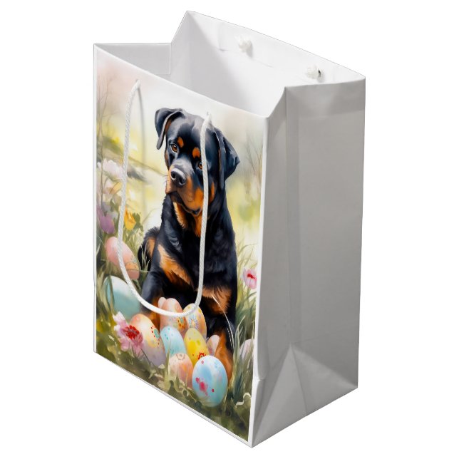 Rottweiler Hund mit Ostereiern Urlaub Mittlere Geschenktüte (Vorderseite Schrägansicht)
