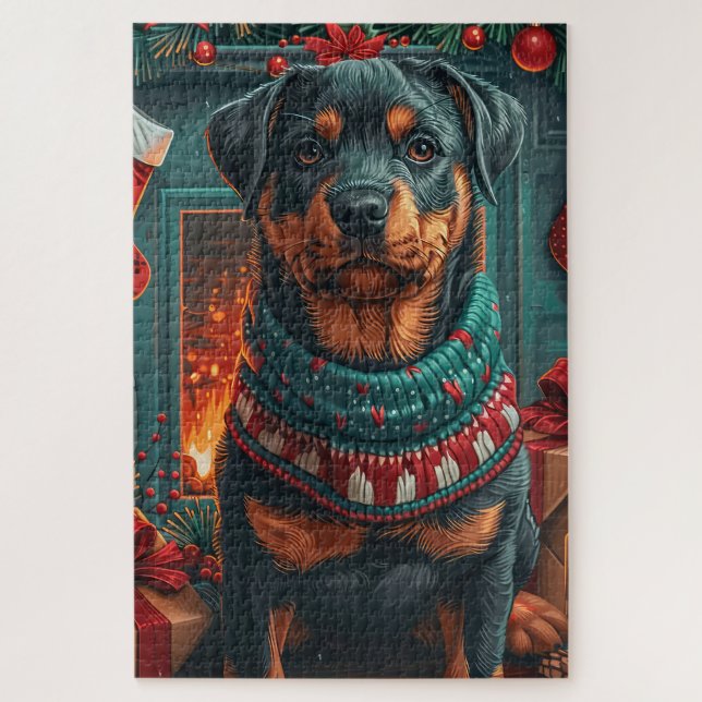 Rottweiler Hund mit Weihnachtsgeschenken Feuerplat (Vertikal)