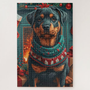 Rottweiler-Hund mit Weihnachtsgeschenken Kamin