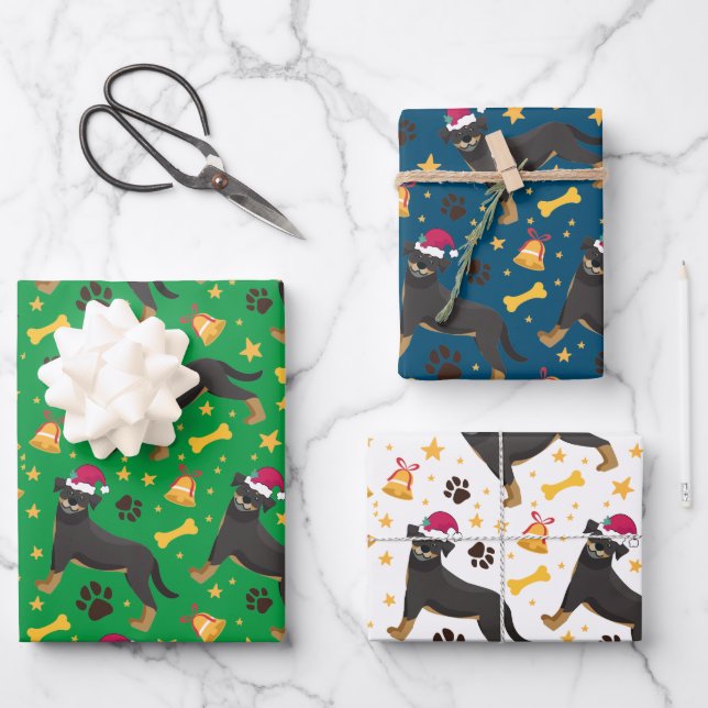 Rottweiler Hund mit Weihnachtsmannmütze Weihnachte Geschenkpapier Set (Vorderseite)