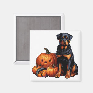 Rottweiler-Hund sitzt neben Halloween-Kürbissen Magnet