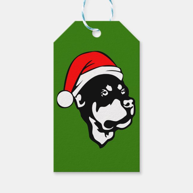 Rottweiler Hund trägt eine Red Christmas Weihnacht Geschenkanhänger (Vorderseite)