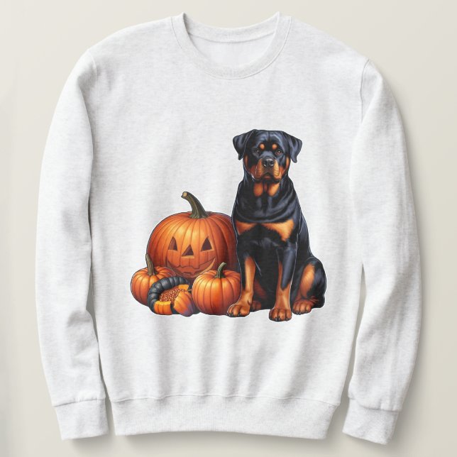 Rottweiler Hund von Halloween Pumpkins sitzend Sweatshirt (Design vorne)