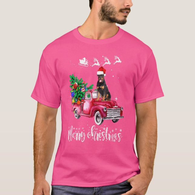 Rottweiler Hund Weihnachtsfahrt Red Truck T-Shirt (Vorderseite)