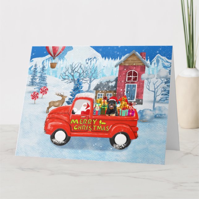 Rottweiler Hund Weihnachtswagen Schnee Karte (Vorderseite)