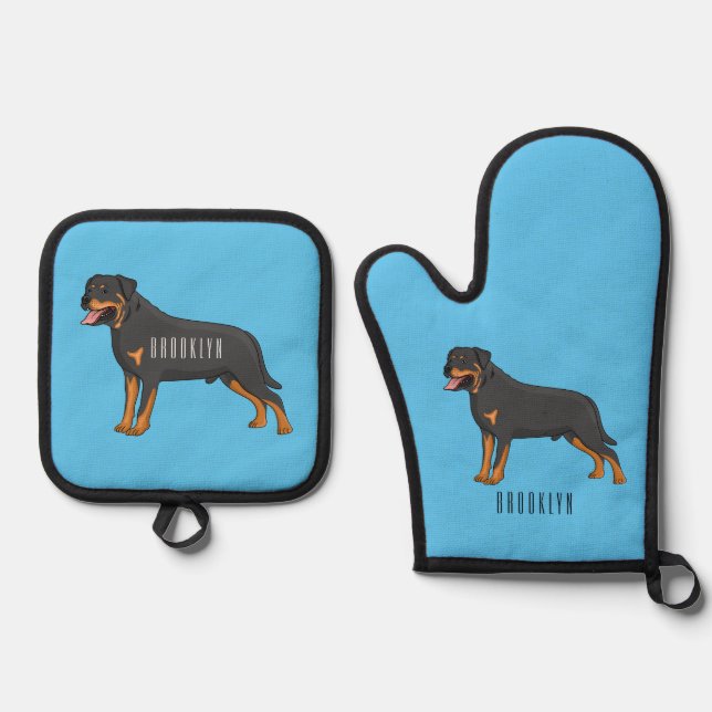 Rottweiler Hunde Cartoon Illustration Ofenhandschuh & Topflappen-Set (Vorderseite)