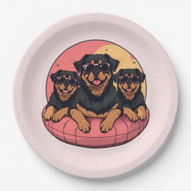 Rottweiler Hunde Sommer Pool Flolows Pappteller (Vorderseite)