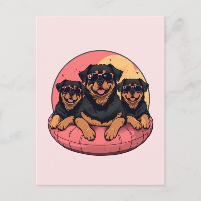 Rottweiler Hunde Sommer Pool Flolows Postkarte (Vorderseite)