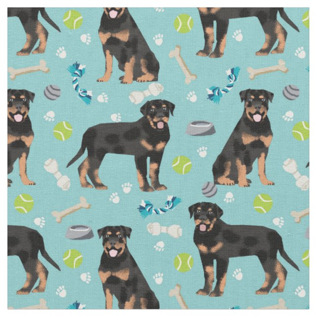 Rottweiler Hunde und Hundespielzeug hellblau Stoff (Nahaufnahme)