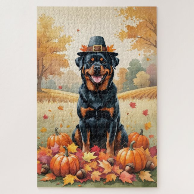 Rottweiler im Herbst hinterlässt Erntedank Art (Vertikal)