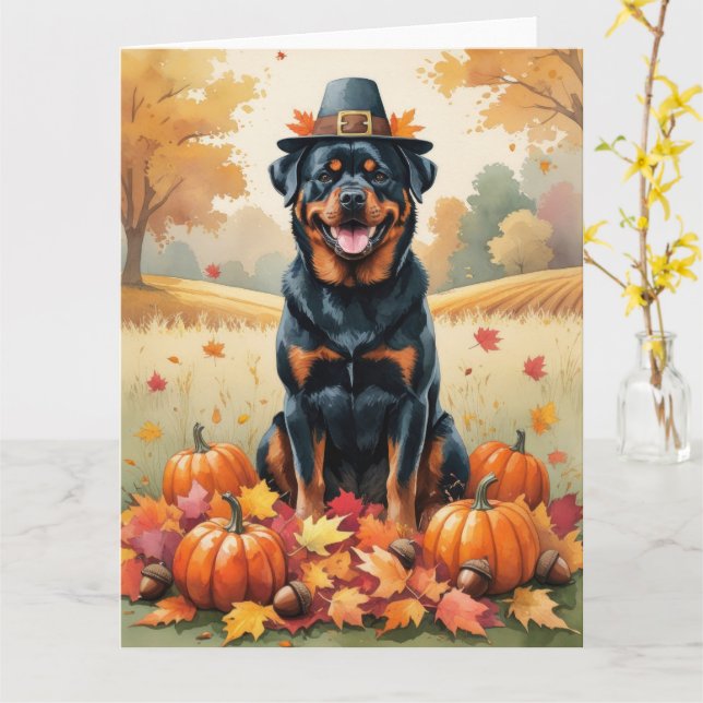 Rottweiler im Herbst hinterlässt Erntedank Art Karte (Gelbe Blume)