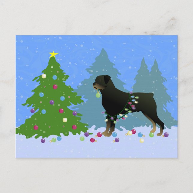 Rottweiler im Weihnachtswald Feiertagspostkarte (Vorderseite)