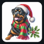 Rottweiler in einem Weihnachtshut und Scarf Quadratischer Aufkleber<br><div class="desc">Ein fröhlicher Rottweiler ist in einem festlichen Weihnachtshut und einem bunten gestreiften Schal gekleidet. Dieser fröhliche Hund zeigt ein spielerisches Benehmen,  mit Feriendekorationen geschmückt,  das während der Ferienzeit eine warme und fröhliche Atmosphäre schafft.</div>