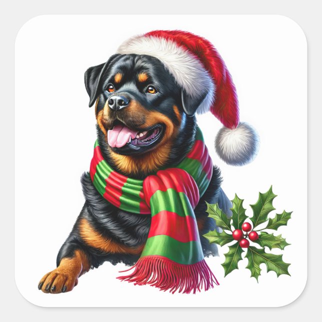 Rottweiler in einem Weihnachtshut und Scarf Quadratischer Aufkleber (Vorderseite)