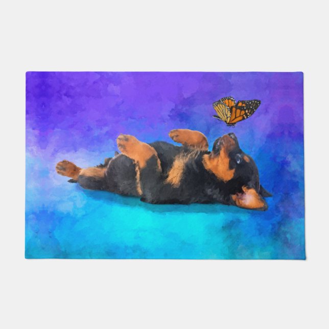 Rottweiler - Metzgerhund Welpe mit Schmetterling Fußmatte (Vorderseite)
