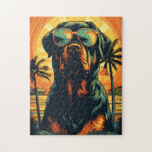 Rottweiler mit Sonnenbrille am Strand