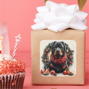Rottweiler mit Weihnachtskranz Quadratischer Aufkleber