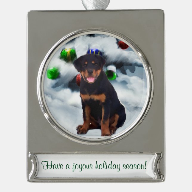 Rottweiler Personalisierte Weihnachten Banner-Ornament Silber (Vorderseite)