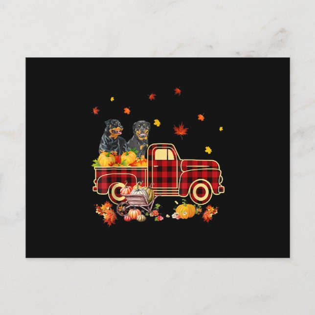 Rottweiler Pumpkin Truck Fall Leaf Erntedank Ankündigungspostkarte (Vorderseite)