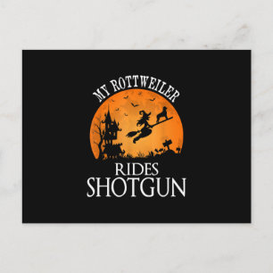 Rottweiler Rides Shotgun Dog Lover Halloween-Party Ankündigungspostkarte