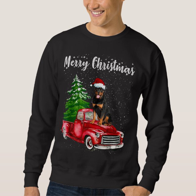 Rottweiler Riding Red Truck Frohe Weihnachtslieder Sweatshirt (Vorderseite)