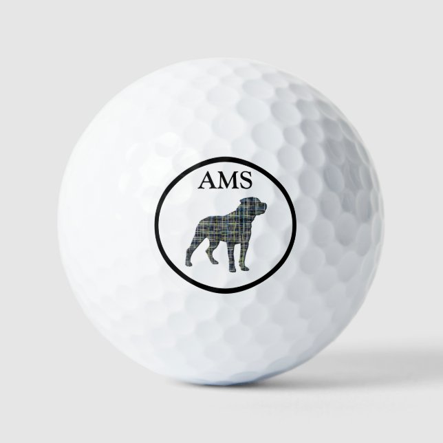 Rottweiler Rottie Dog Silhouette Gelb & Blau Grid Golfball (Vorderseite)