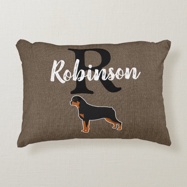Rottweiler Rottie Rustic Monogram Nachname Dekokissen (Vorderseite)