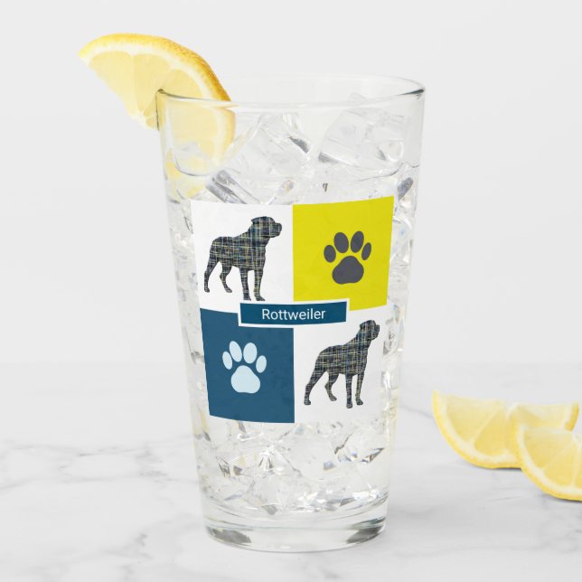 Rottweiler Silhouette Hund & Paw Gelb & Blau Grid Glas (Vorderseite Ice)