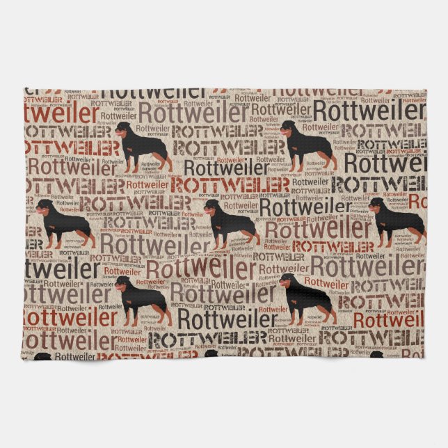 Rottweiler Silhouette und Wortkunstmuster Küchentuch (Horizontal)