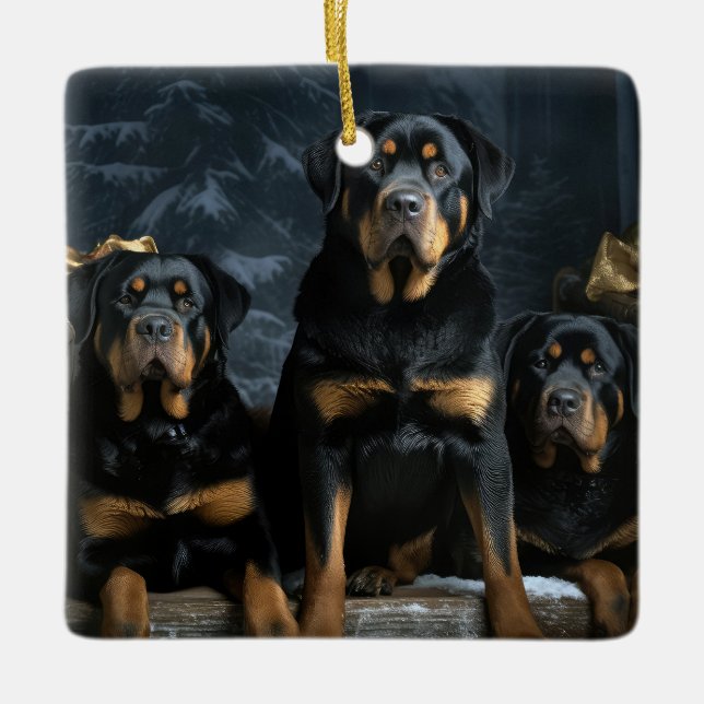 Rottweiler Snowy Sleigh Weihnachtsdekor Keramikornament (Vorderseite)