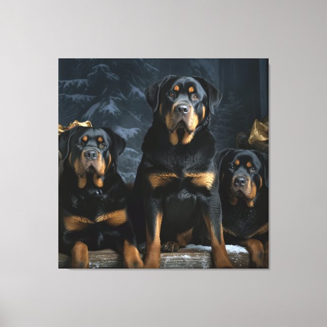 Rottweiler Snowy Sleigh Weihnachtsdekor Leinwanddruck (Vorderseite)