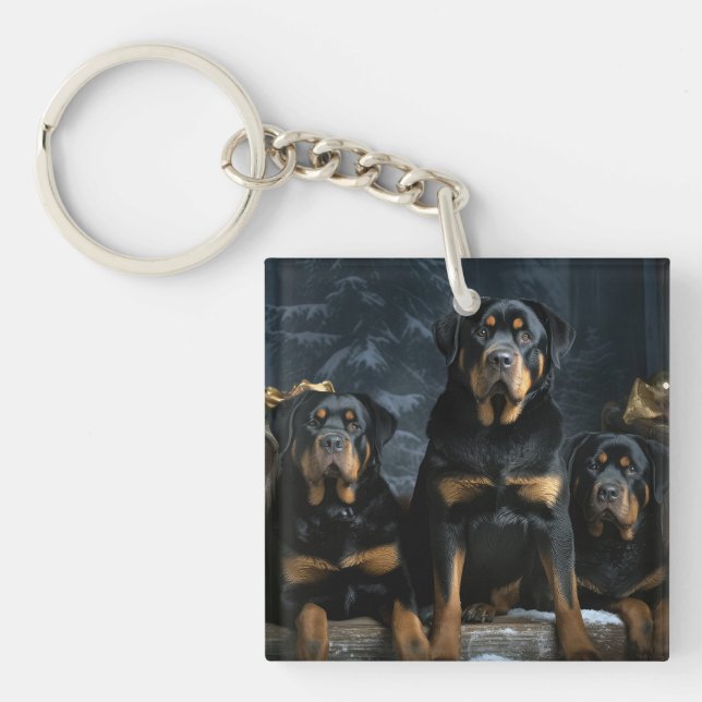 Rottweiler Snowy Sleigh Weihnachtsdekor Schlüsselanhänger (Vorderseite)