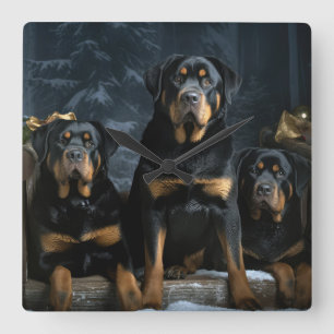 Rottweiler Snowy Sleigh Weihnachtsdekoration  Quadratische Wanduhr