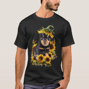 Rottweiler Sonnenblume Schmetterling Süßer Hund T-Shirt