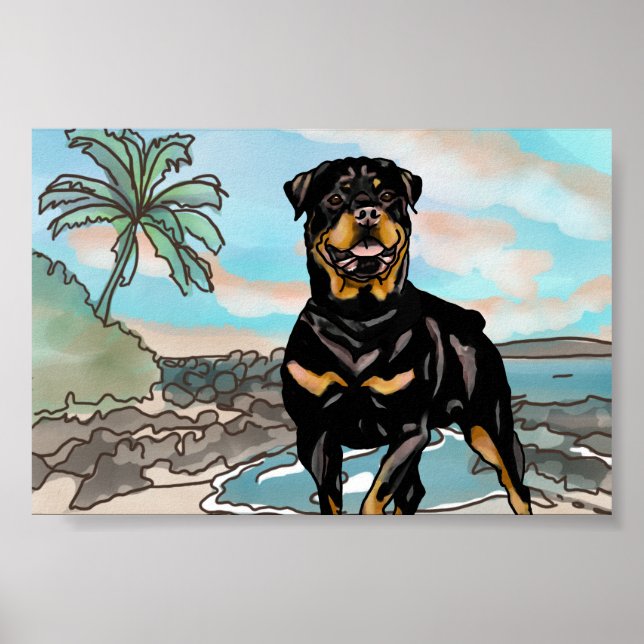 Rottweiler spielt am Hawaii Beach Poster (Vorne)