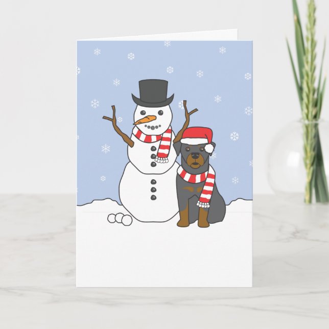 Rottweiler und Schneemann Feiertagskarte (Vorderseite)