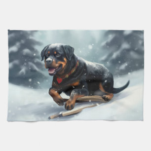 Rottweiler Weihnachten Schnee Winter Kissenhülle Geschirrtuch
