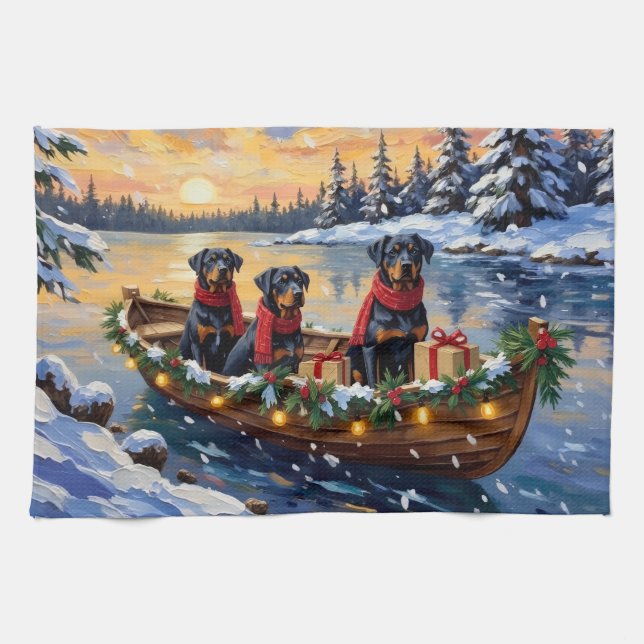 Rottweiler Weihnachtsboot Urlaub Geschirrtuch (Horizontal)