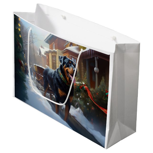 Rottweiler Weihnachtsfeiertage Große Geschenktüte (Vorderseite Schrägansicht)
