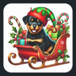 Rottweiler, Weihnachtsgeschenk Sleigh Quadratischer Aufkleber<br><div class="desc">Ein fröhlicher Rottweiler-Welpe mit einem spielerischen Elf,  der in einem farbenfrohen Schlitten mit Weihnachtsgeschenken sitzt. Umgeben von lebendigen Feriendekorationen wie Bonbons und Heiligen,  spiegelt diese fröhliche Szene den Geist der Festsaison wider.</div>