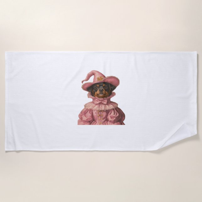 Rottweiler Welpe, gekleidet als rosa Hexe - Niedli Strandtuch (Vorderseite)
