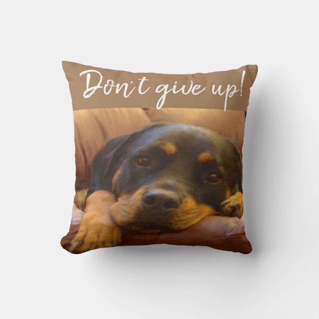 Rottweiler Welpe gibt nicht auf Kissen (Vorderseite)