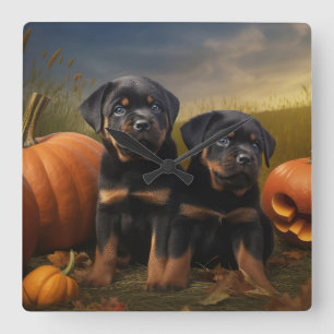 Rottweiler Welpe Herbstvergnügen Kürbis Quadratische Wanduhr