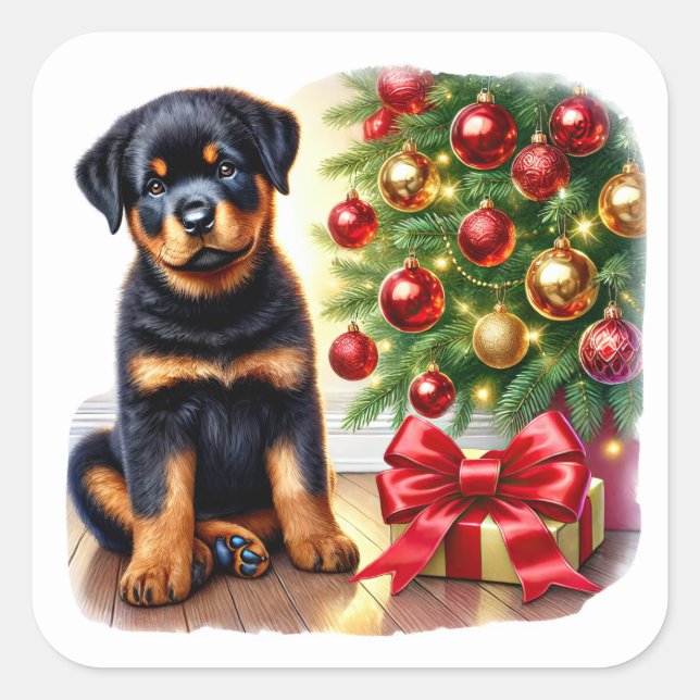 Rottweiler Welpe neben einem Weihnachtsbaum Quadratischer Aufkleber (Vorderseite)