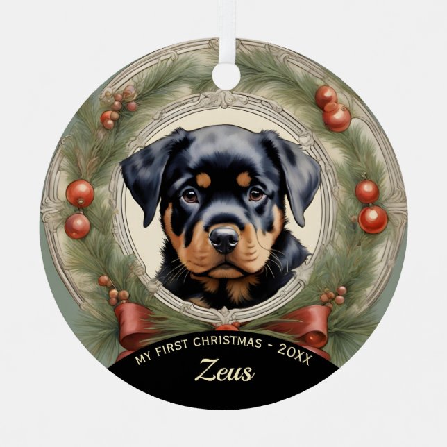 Rottweiler Welppy's First Christmas Ornament (Vorderseite)