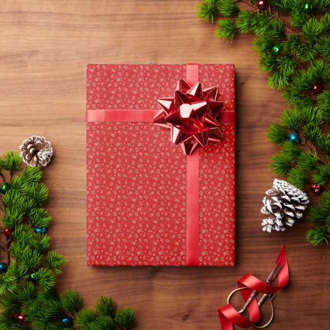 Rotweihnachtszähne, Strumpf und Schneeflocken Geschenkpapier (Feiertagsgeschenk)