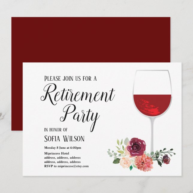 Rotwein, Blütenwein, Party Einladung in Rente (Vorne/Hinten)