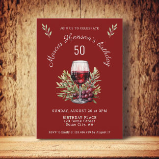 Rotwein Glas Olive Wasserfarbe 50. Geburtstag Einladung