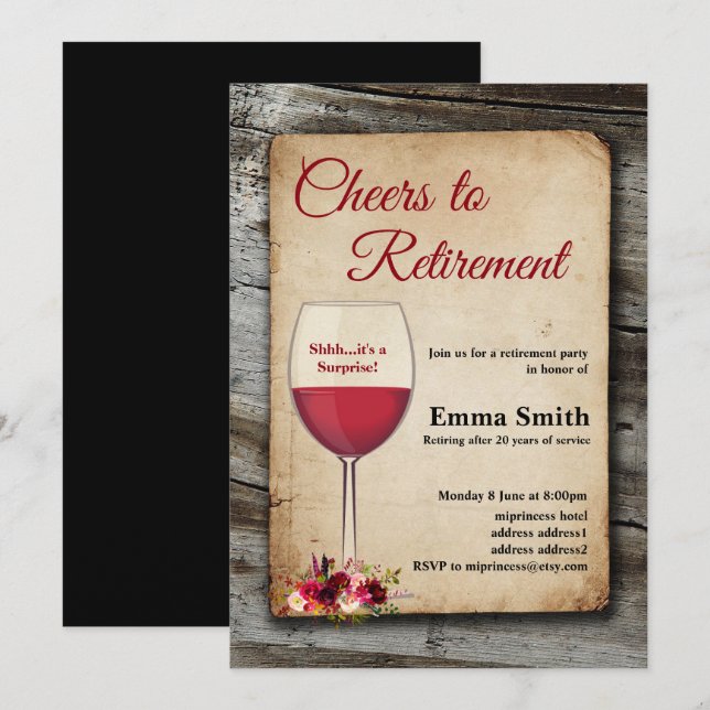 Rotwein, Party in Rente, Ruhestand Einladung (Vorne/Hinten)