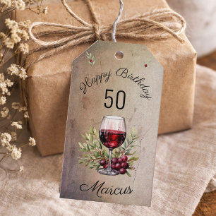 Rotweinglas Oliven Wasserfarbe 50. Geburtstag  Geschenkanhänger